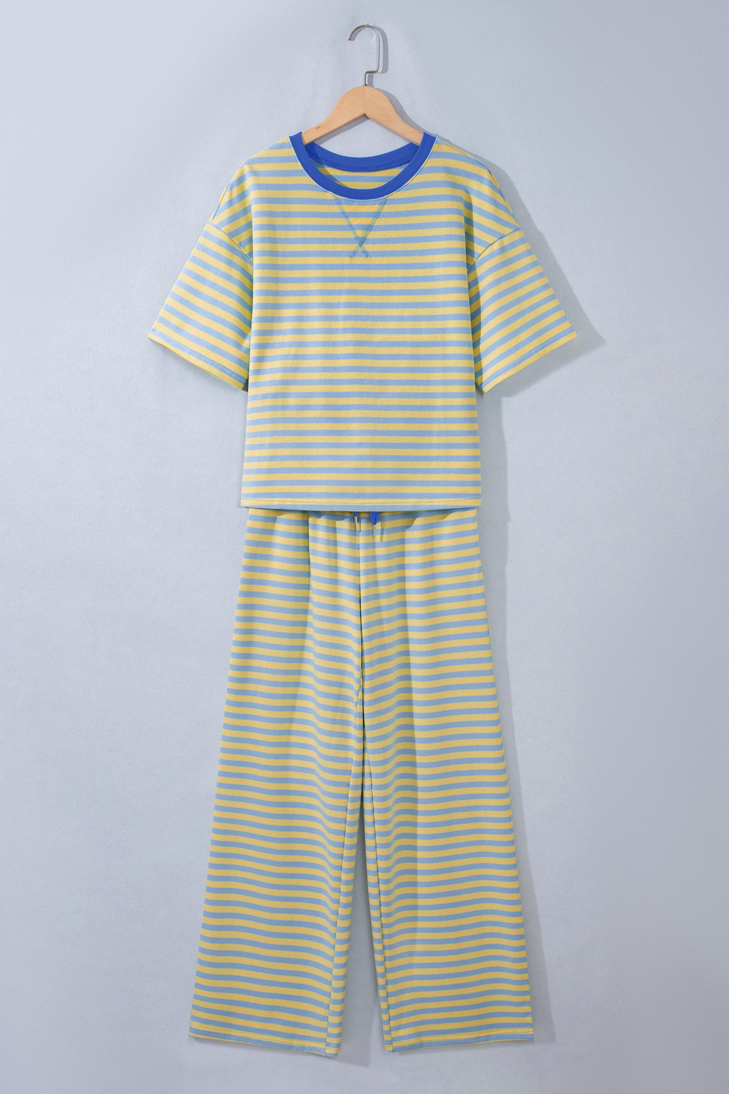 Pink Stripe Colorblock Trim Crew Neck Loose Tee Drawstring Elastic Waist 2pcs Pant Set