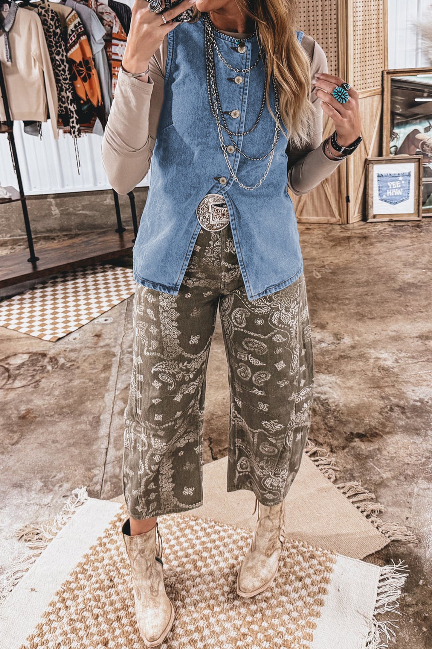 Black Buttoned Front Slit Denim Vest