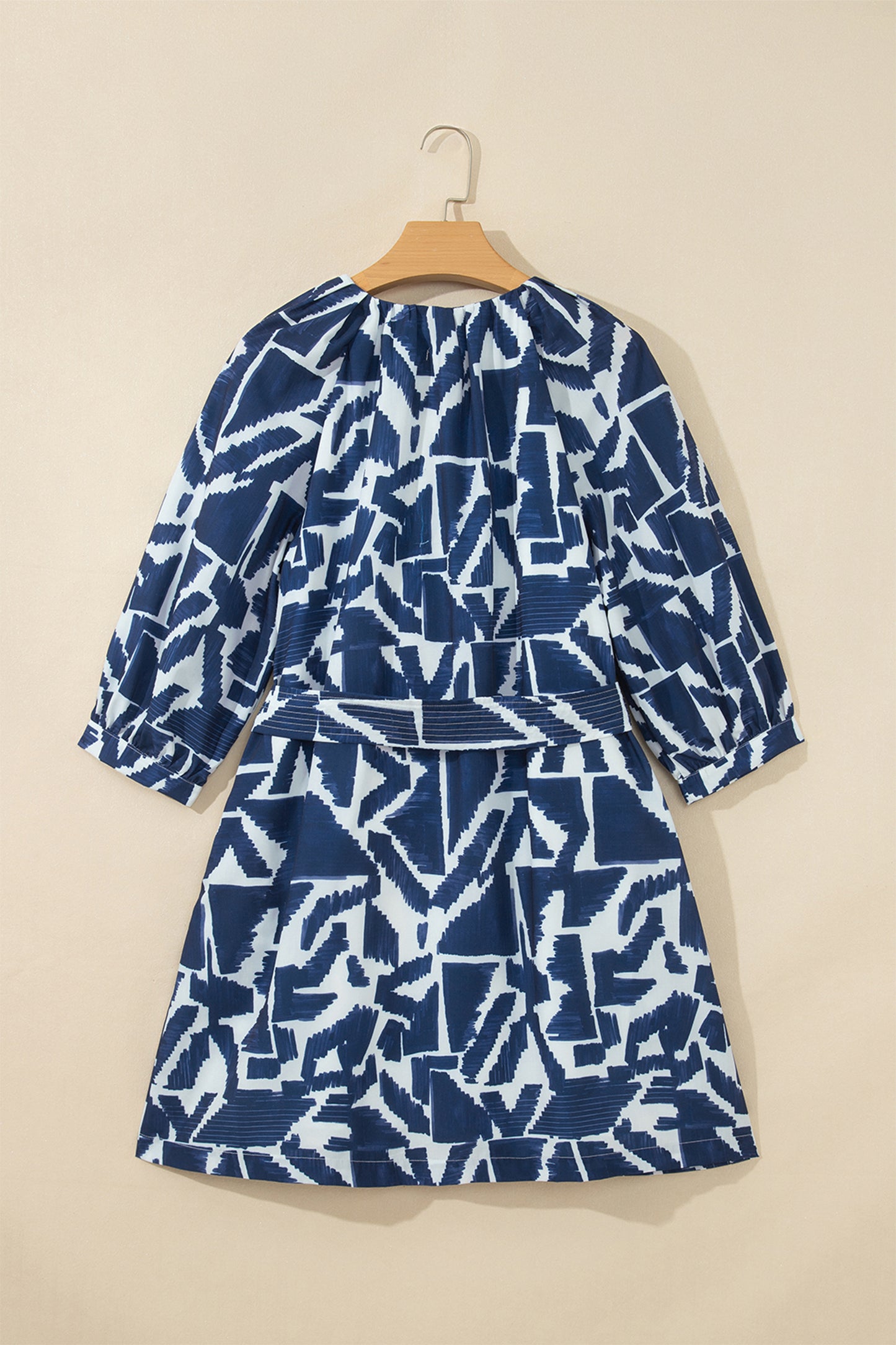 Blue Abstract Geometric Print Zip Front Tie Waist Shift Dress