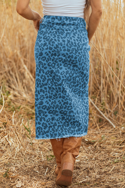 Brown Leopard Print Frayed Edge Denim Skirt Long Casual Daily Wear