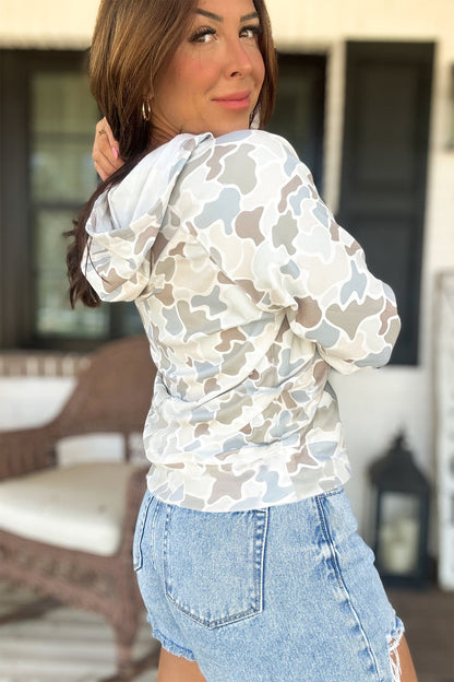 Beige Camouflage Print Relaxed Drawstring Hoodie