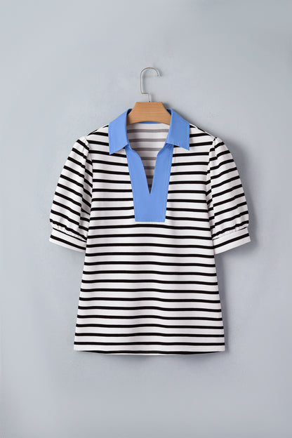Black Stripe Short Puff Sleeve Color Block Polo Collar Blouse