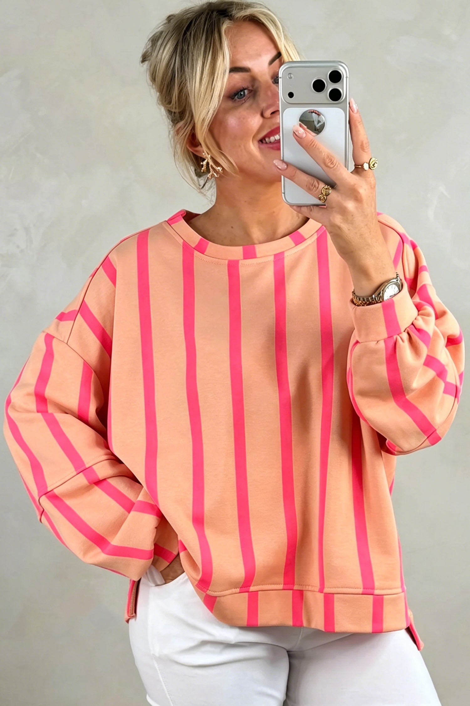 Pink Stripe Dropped Shoulder Round Neck Casual Sweatshirt