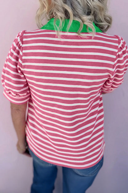 Black Stripe Short Puff Sleeve Color Block Polo Collar Blouse