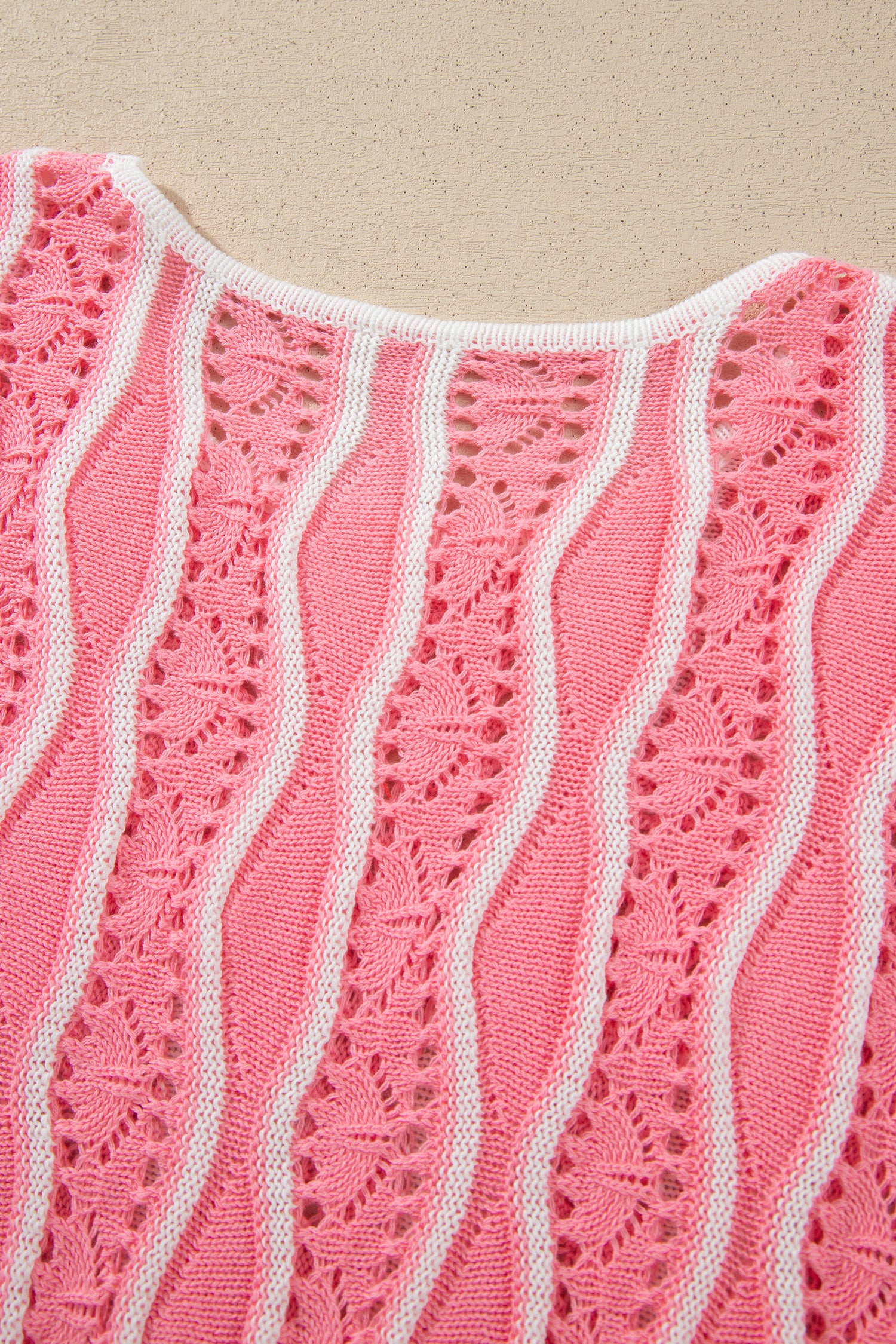Khaki Wavy Detail Hollow Out Knit Long Sleeve Cotton Pullover Sweater
