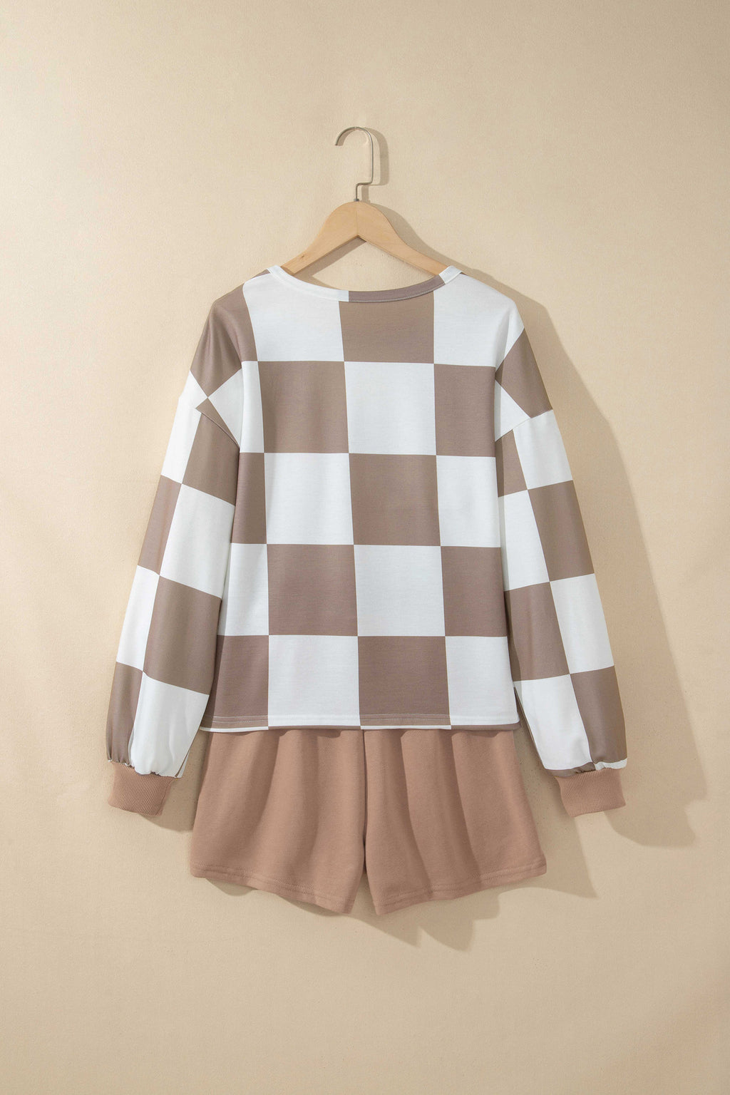 Black Checkerboard Plaid Long Sleeve Solid Color Shorts 2pcs Set