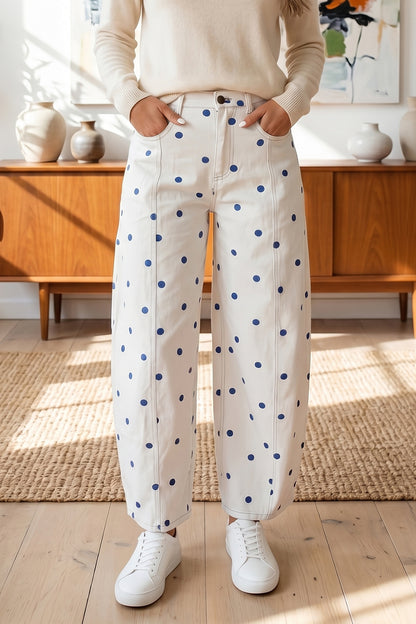 Brown Tailored Seam Polka Dot Print Barrel Casual Jeans