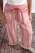 Red Plaid Contrast Trim Drawstring Elastic Waist Shift Pants