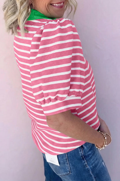 Black Stripe Short Puff Sleeve Color Block Polo Collar Blouse