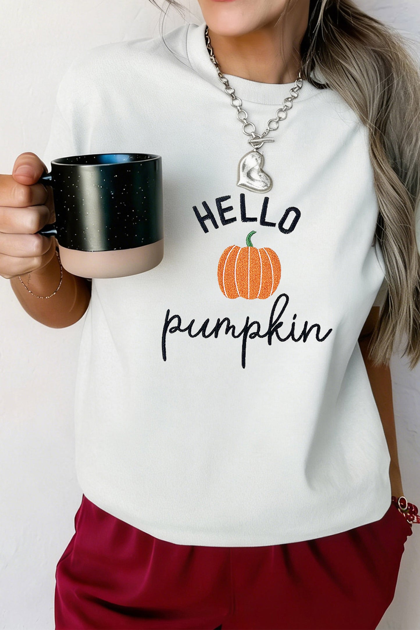 White Embroidered Pumpkin Slogan Short Sleeve T-Shirt