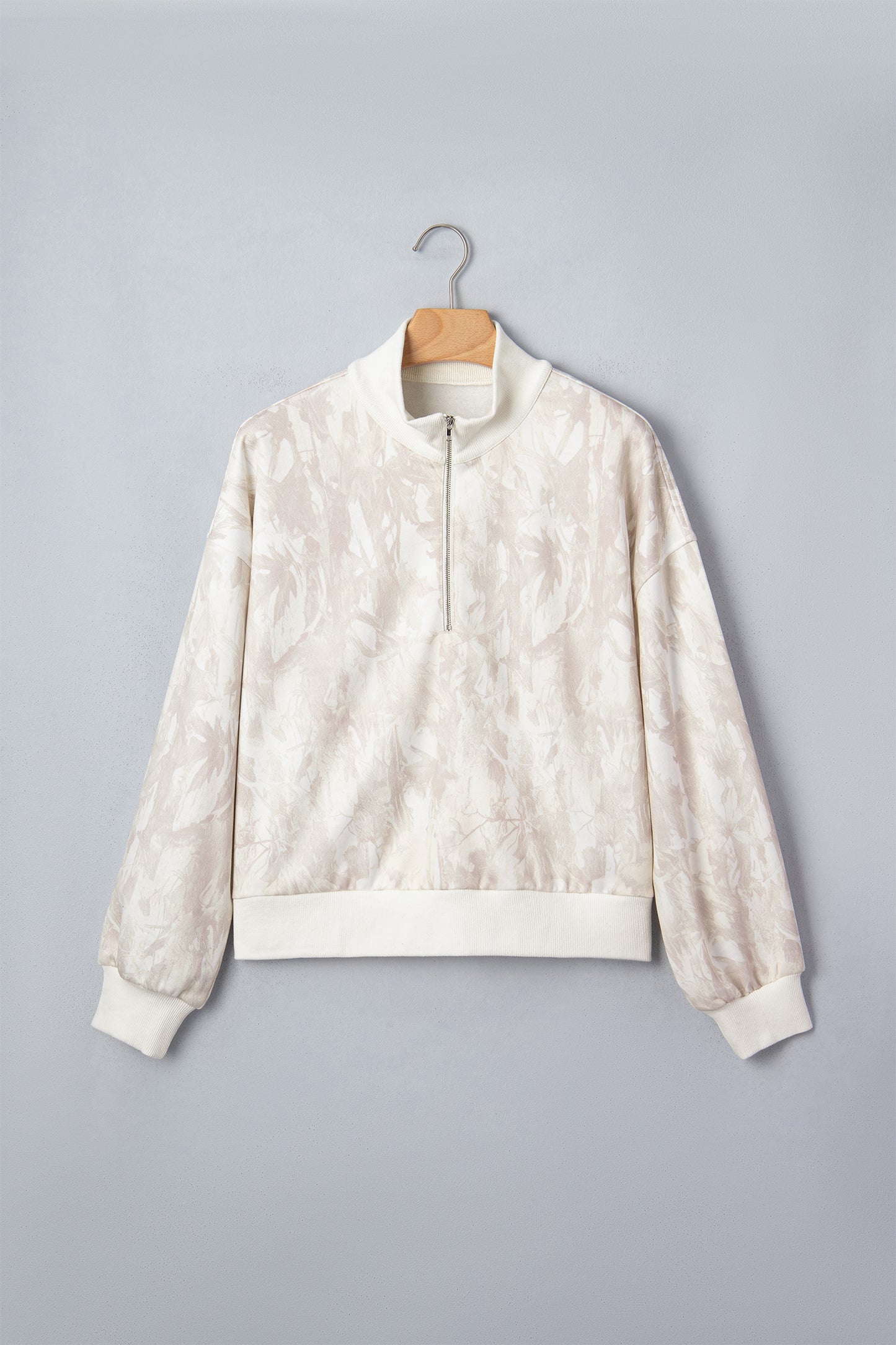 Khaki Camouflage Print Quarter-Zip Drop Shoulder Long Sleeve Sweatshirt