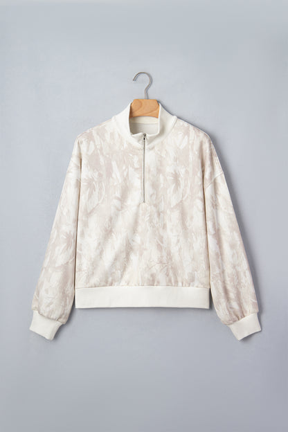 Khaki Camouflage Print Quarter-Zip Drop Shoulder Long Sleeve Sweatshirt