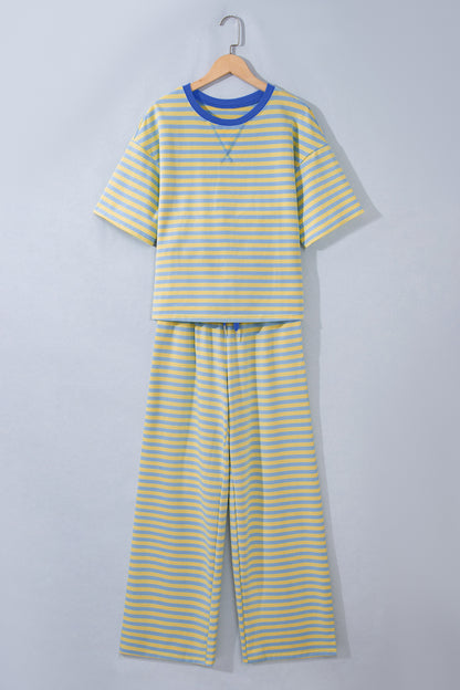 Pink Stripe Colorblock Trim Crew Neck Loose Tee Drawstring Elastic Waist 2pcs Pant Set