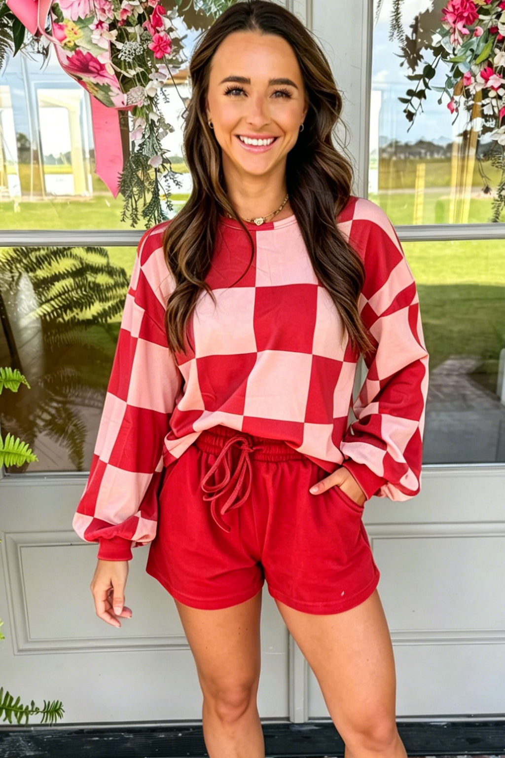 Black Checkerboard Plaid Long Sleeve Solid Color Shorts 2pcs Set