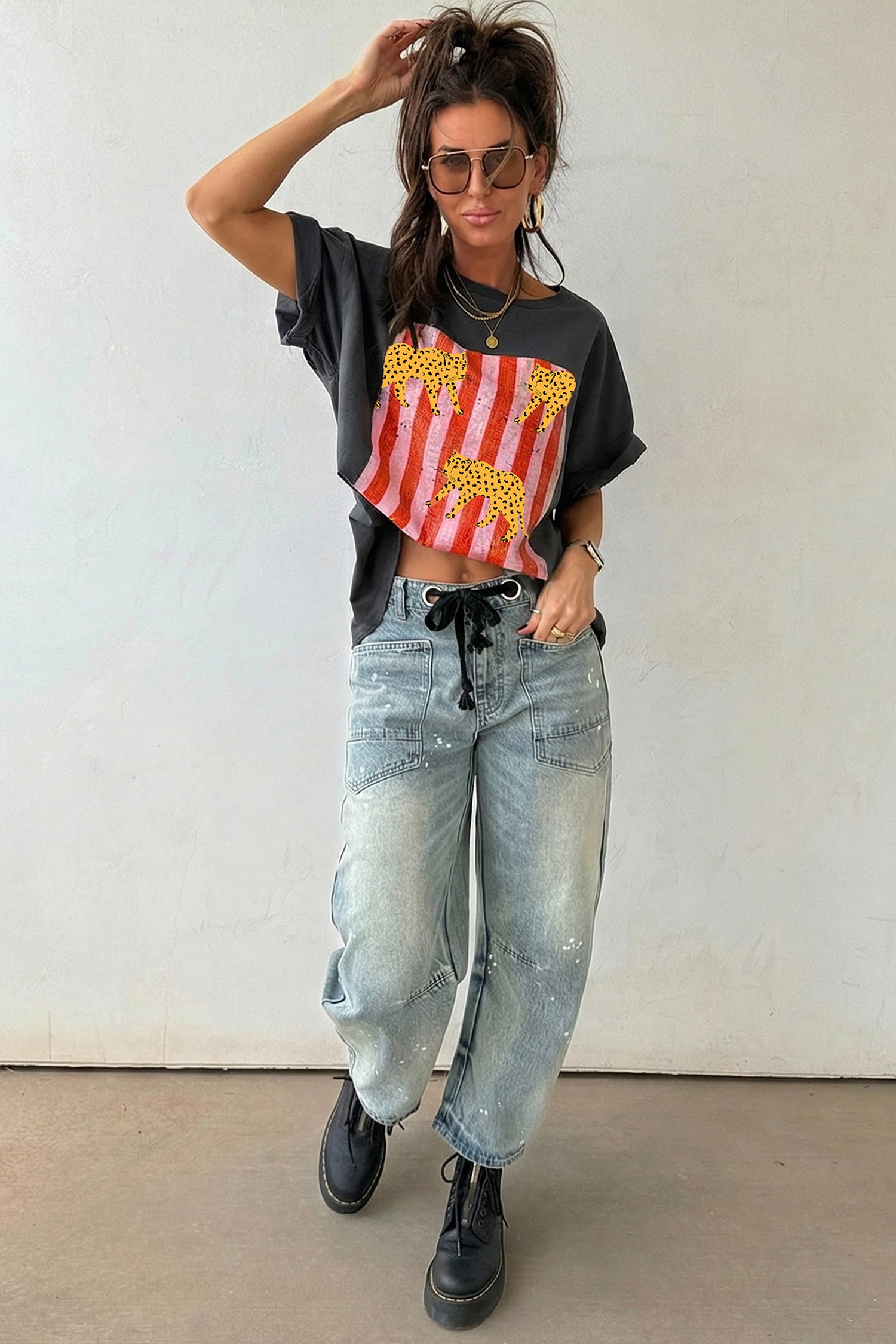 White Cheetah Striped Print Retro Fashion Graphic Tee