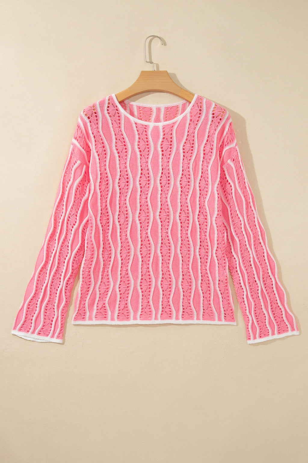 Khaki Wavy Detail Hollow Out Knit Long Sleeve Cotton Pullover Sweater