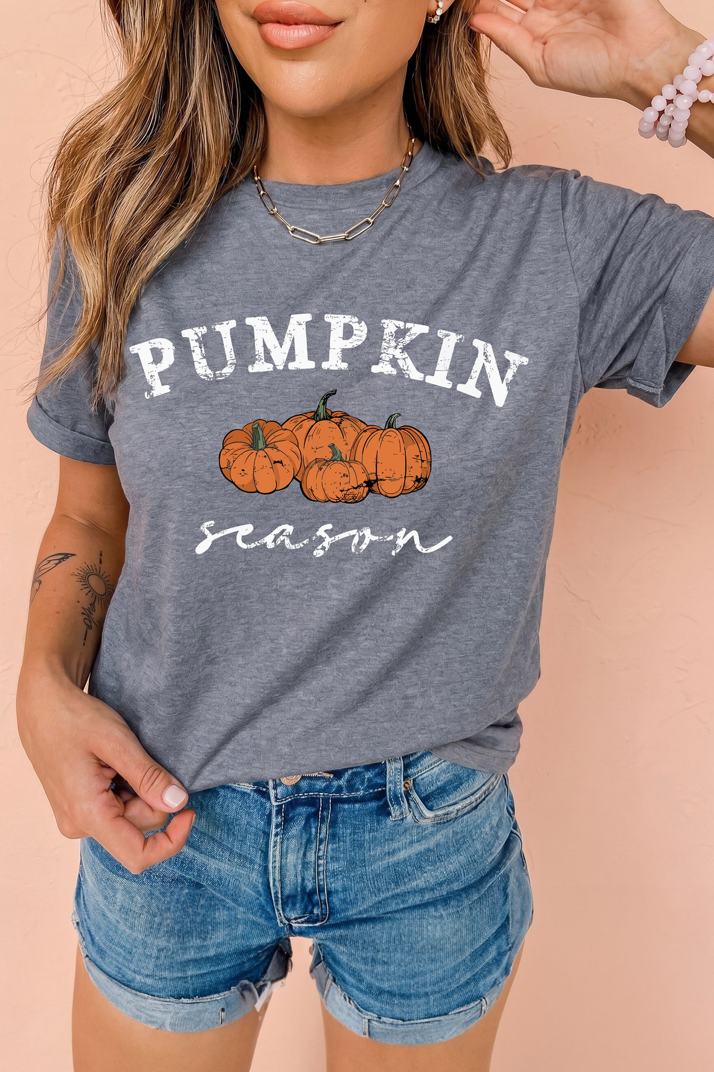 Gray Pumpkin Season Graphic Round Neck Short Sleeve T-Shirt