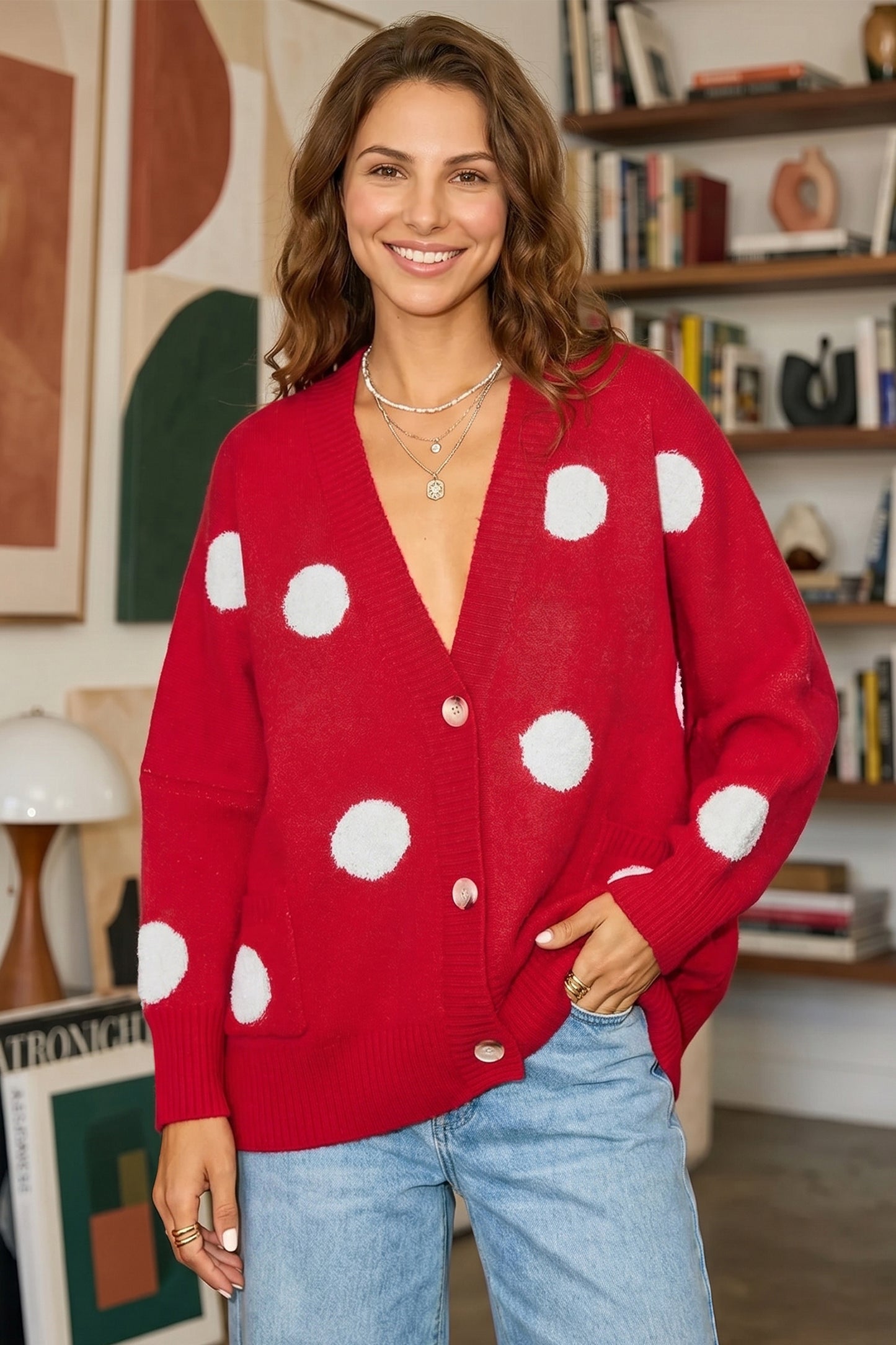 Beige Polka Dot Button Front Oversized V Neck Cardigan