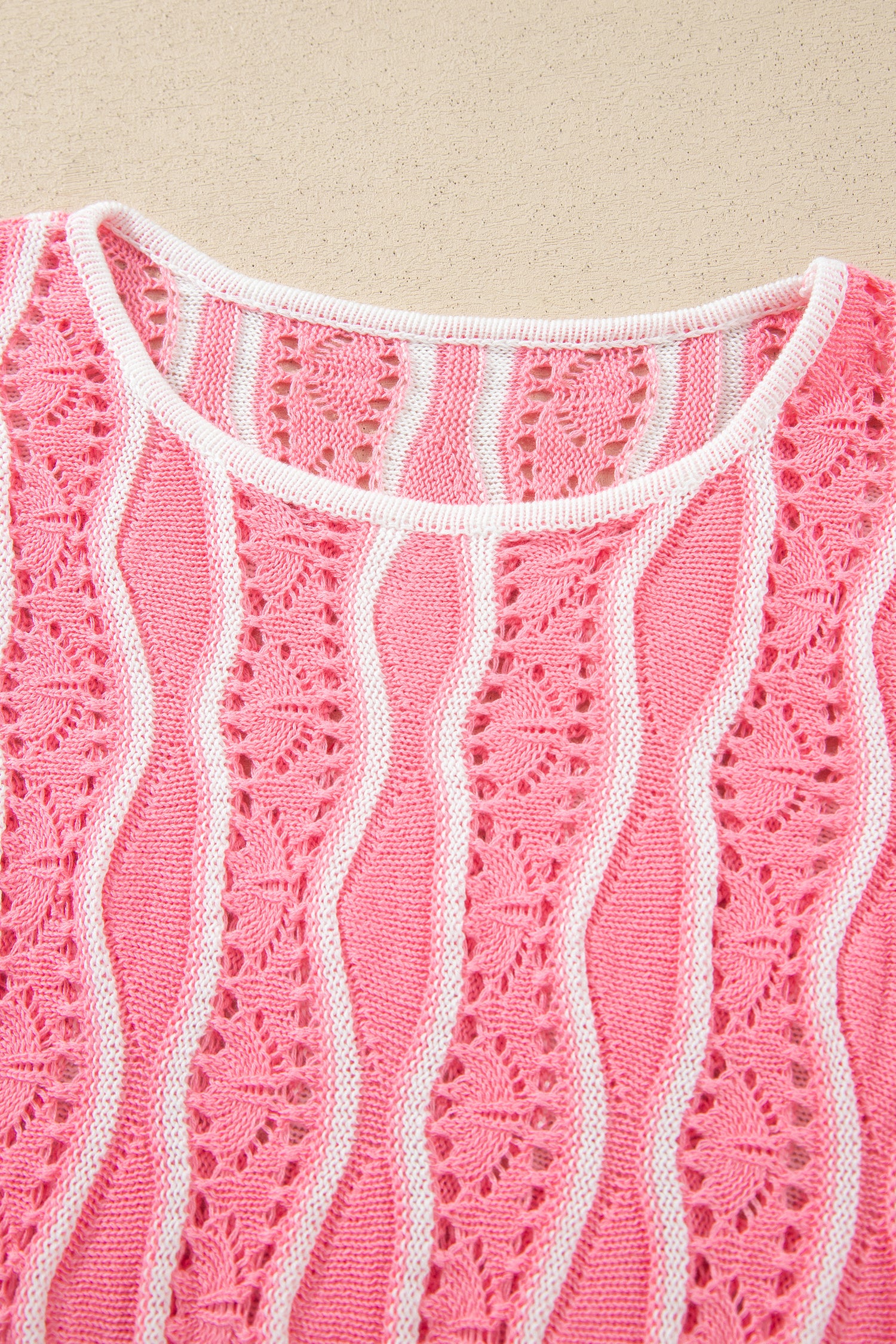 Khaki Wavy Detail Hollow Out Knit Long Sleeve Cotton Pullover Sweater