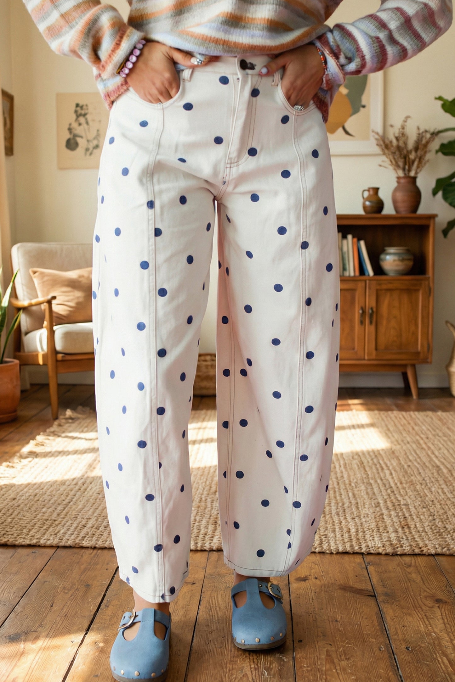 Brown Tailored Seam Polka Dot Print Barrel Casual Jeans