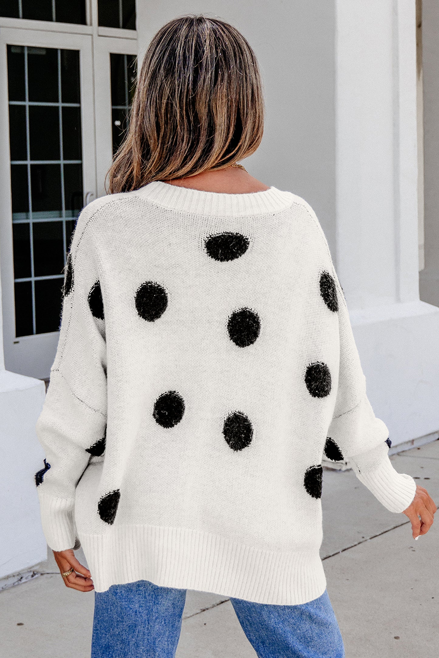 Beige Polka Dot Button Front Oversized V Neck Cardigan