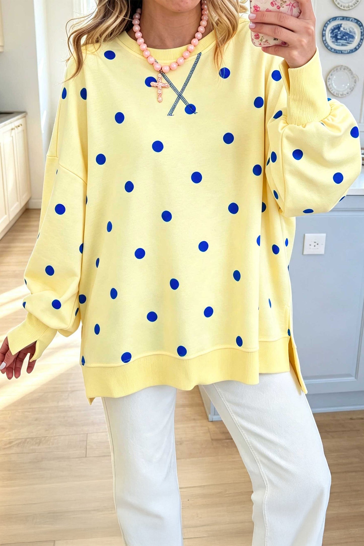 Yellow Polka Dot Loose Long Sleeve Split Hem Pullover Top