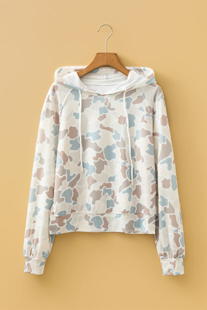 Beige Camouflage Print Relaxed Drawstring Hoodie