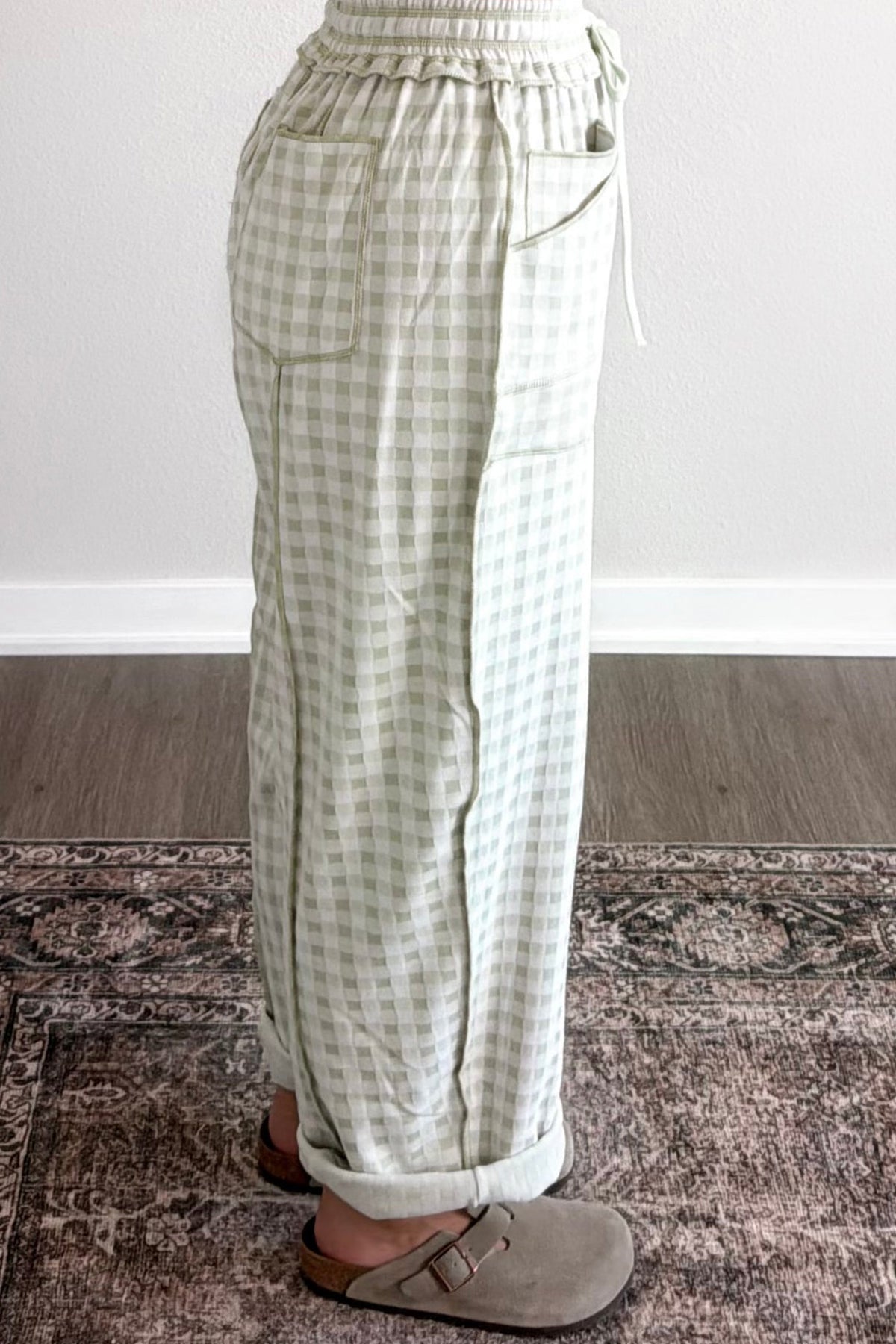 Red Plaid Contrast Trim Drawstring Elastic Waist Shift Pants