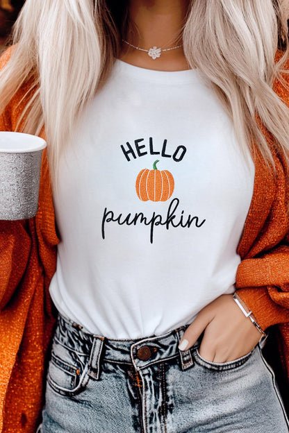 White Embroidered Pumpkin Slogan Short Sleeve T-Shirt