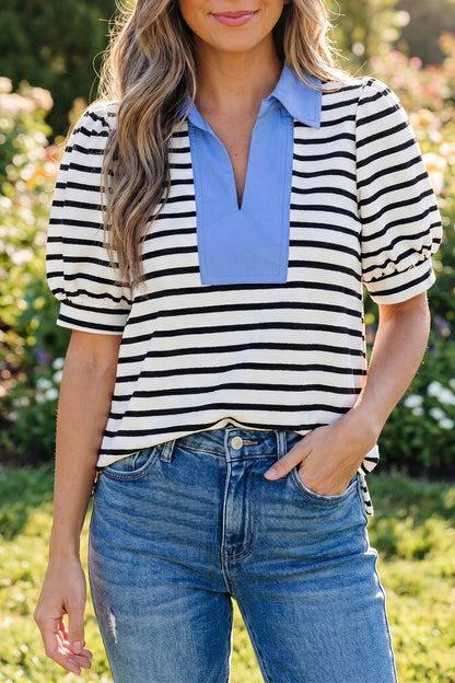 Black Stripe Short Puff Sleeve Color Block Polo Collar Blouse