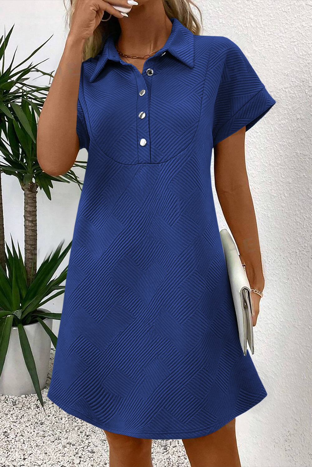 Peach Blossom Solid Color Textured Short Sleeve A Line Mini Dress