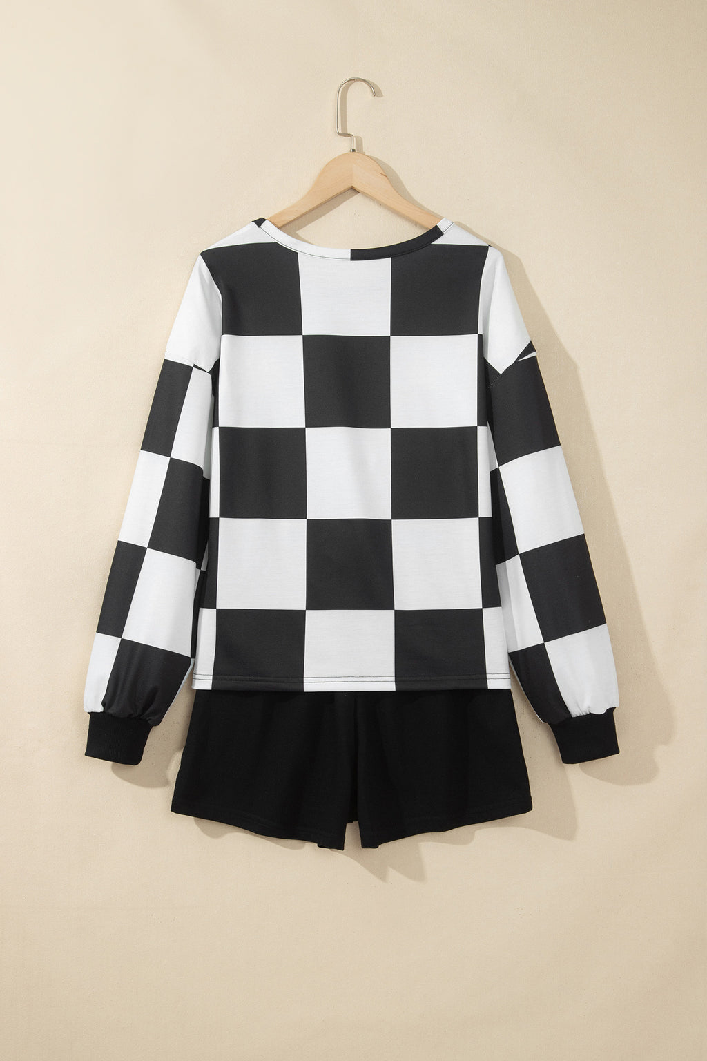Black Checkerboard Plaid Long Sleeve Solid Color Shorts 2pcs Set