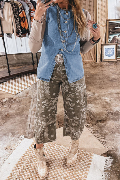 Black Buttoned Front Slit Denim Vest