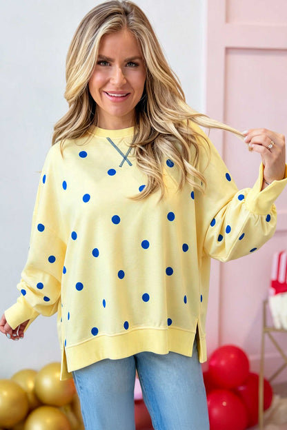 Yellow Polka Dot Loose Long Sleeve Split Hem Pullover Top