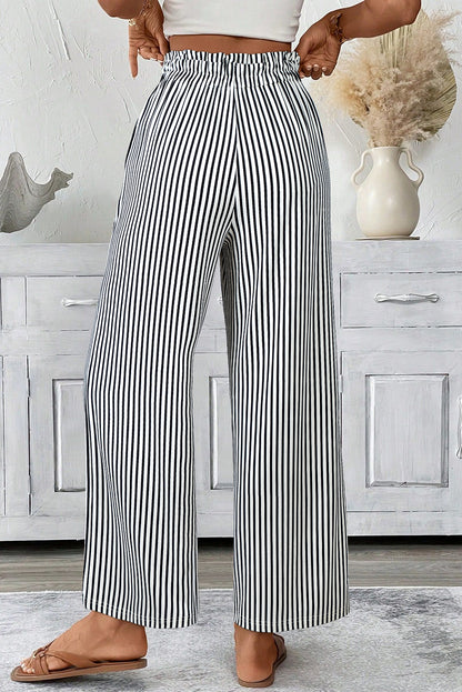 Black Stripe Tied High Waist Loose Straight Casual Pants