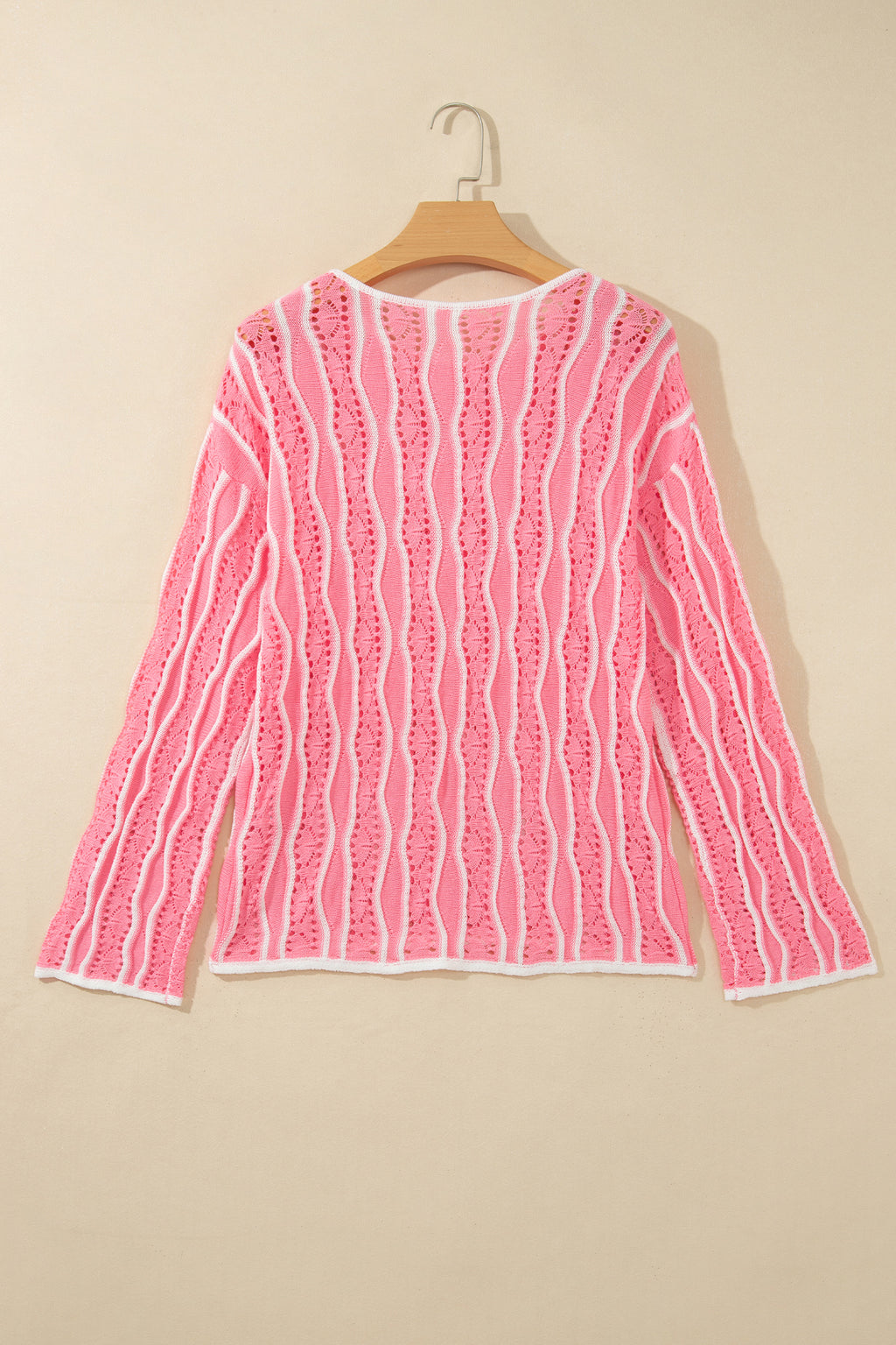 Khaki Wavy Detail Hollow Out Knit Long Sleeve Cotton Pullover Sweater