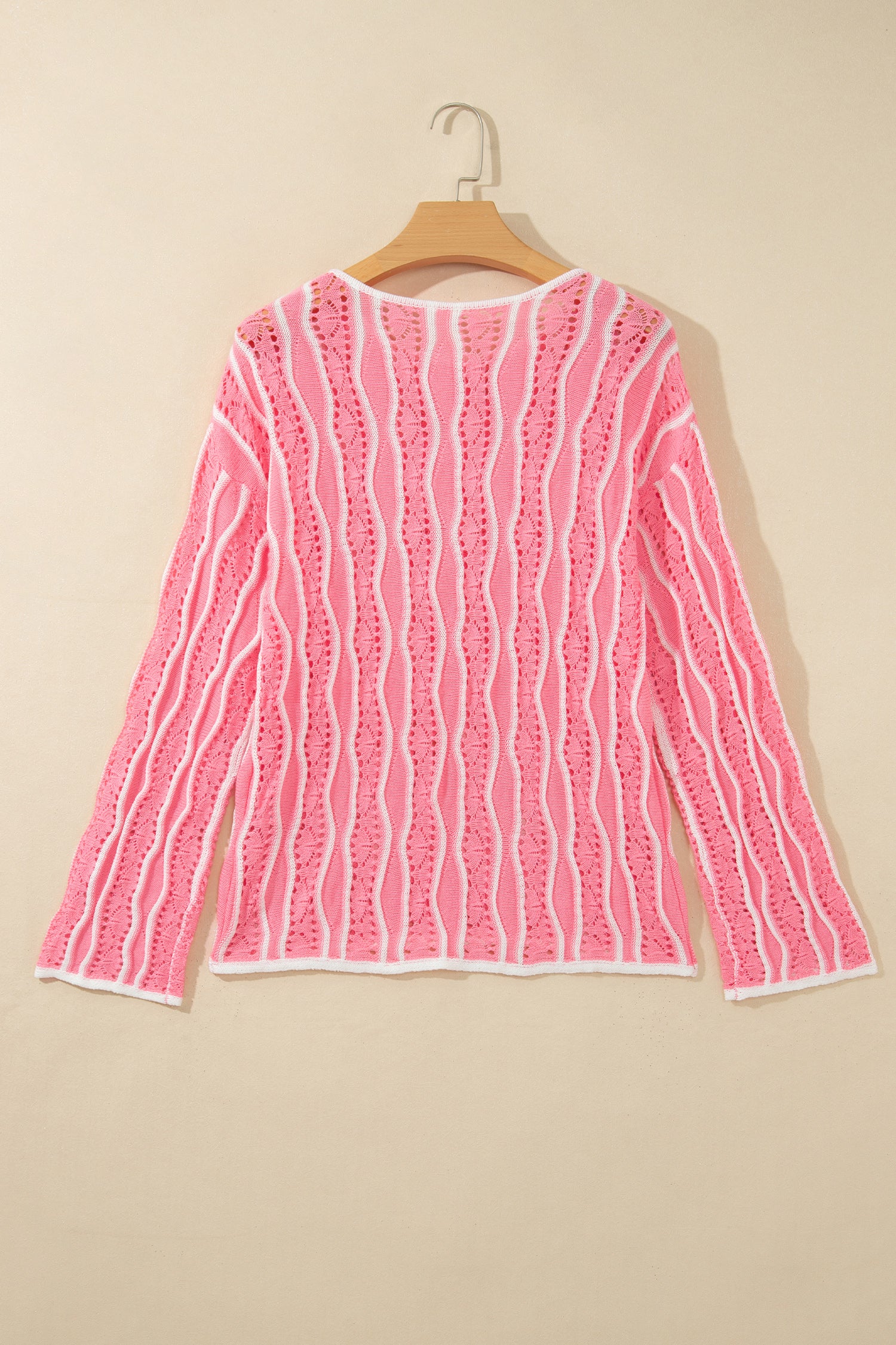 Khaki Wavy Detail Hollow Out Knit Long Sleeve Cotton Pullover Sweater