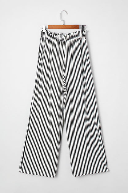 Black Stripe Tied High Waist Loose Straight Casual Pants