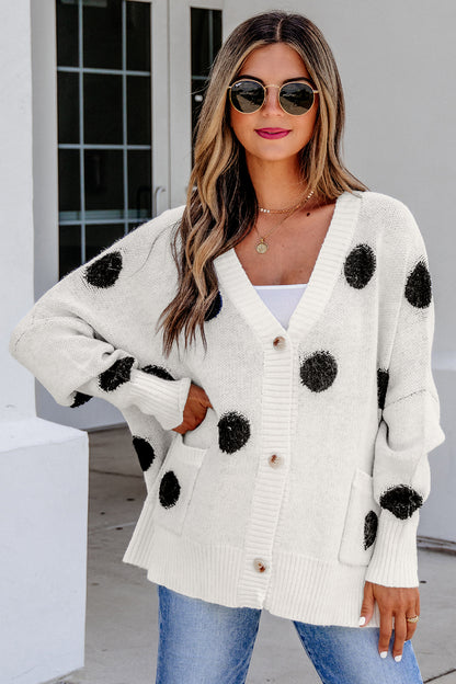 Beige Polka Dot Button Front Oversized V Neck Cardigan