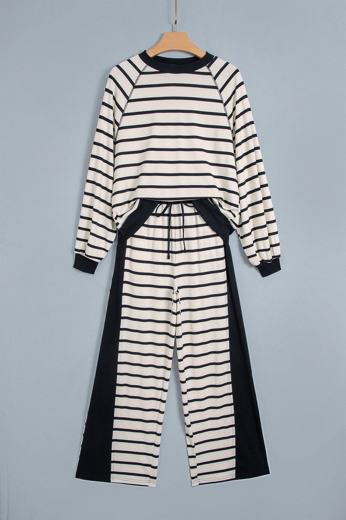 Beige Stripe Relaxed Long Sleeve Top Color Block Detail Drawstring Pant Set