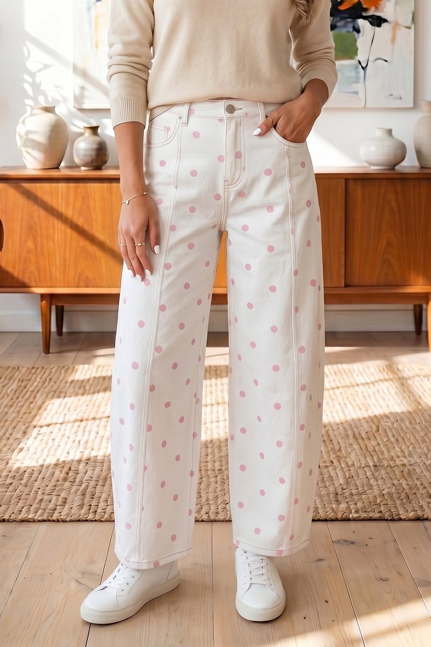 Brown Tailored Seam Polka Dot Print Barrel Casual Jeans