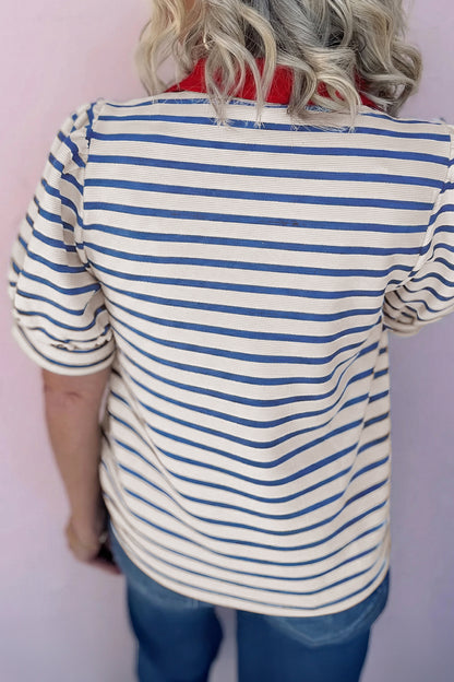 Black Stripe Short Puff Sleeve Color Block Polo Collar Blouse