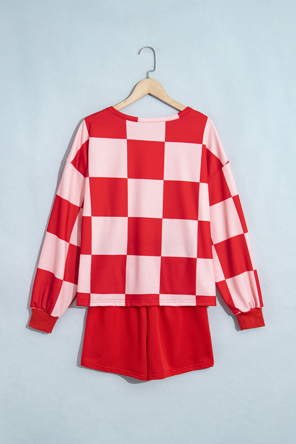 Black Checkerboard Plaid Long Sleeve Solid Color Shorts 2pcs Set