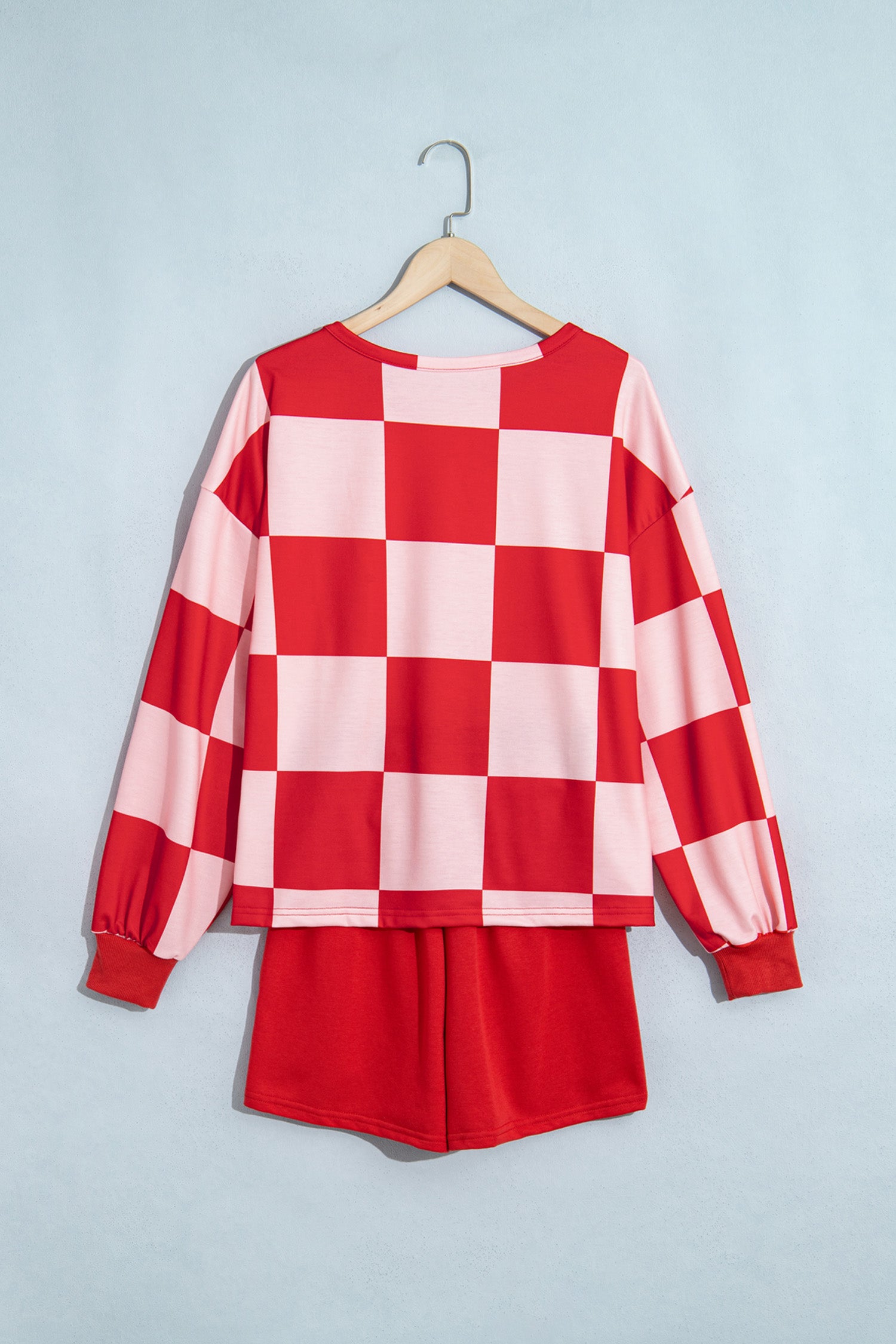 Black Checkerboard Plaid Long Sleeve Solid Color Shorts 2pcs Set