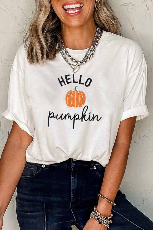 White Embroidered Pumpkin Slogan Short Sleeve T-Shirt