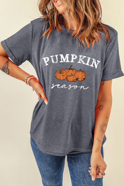 Gray Pumpkin Season Graphic Round Neck Short Sleeve T-Shirt
