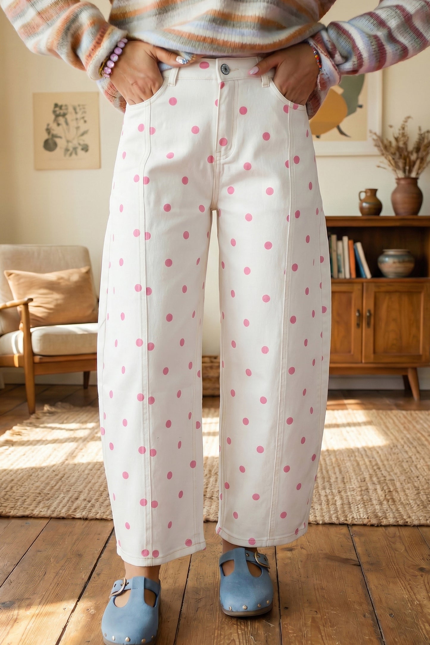 Brown Tailored Seam Polka Dot Print Barrel Casual Jeans