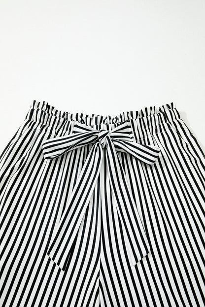 Black Stripe Tied High Waist Loose Straight Casual Pants