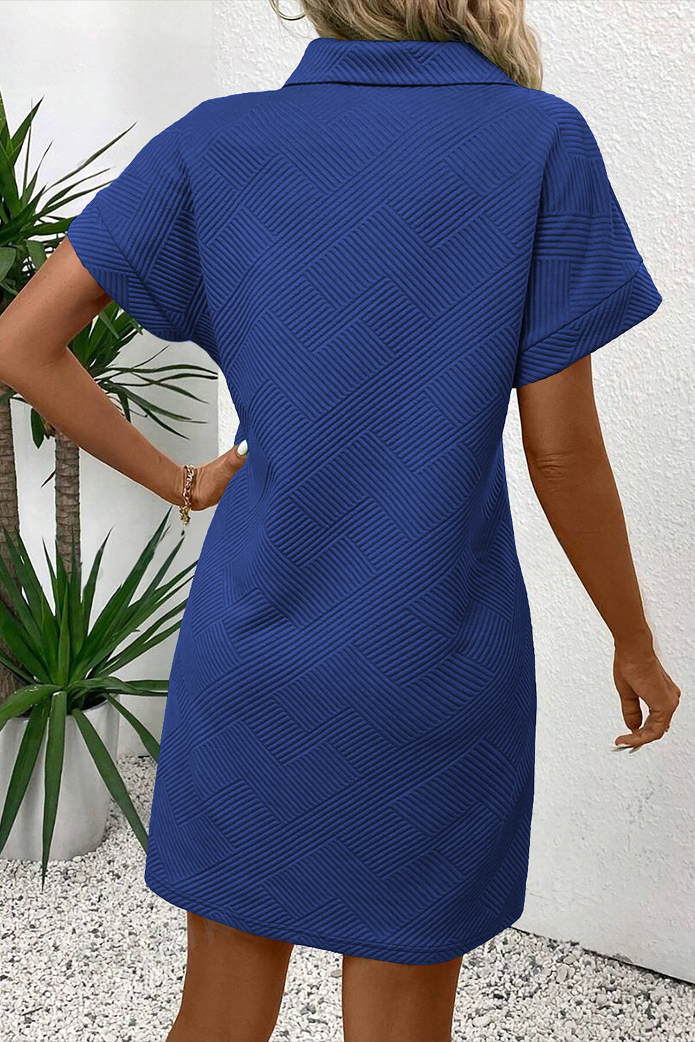 Peach Blossom Solid Color Textured Short Sleeve A Line Mini Dress