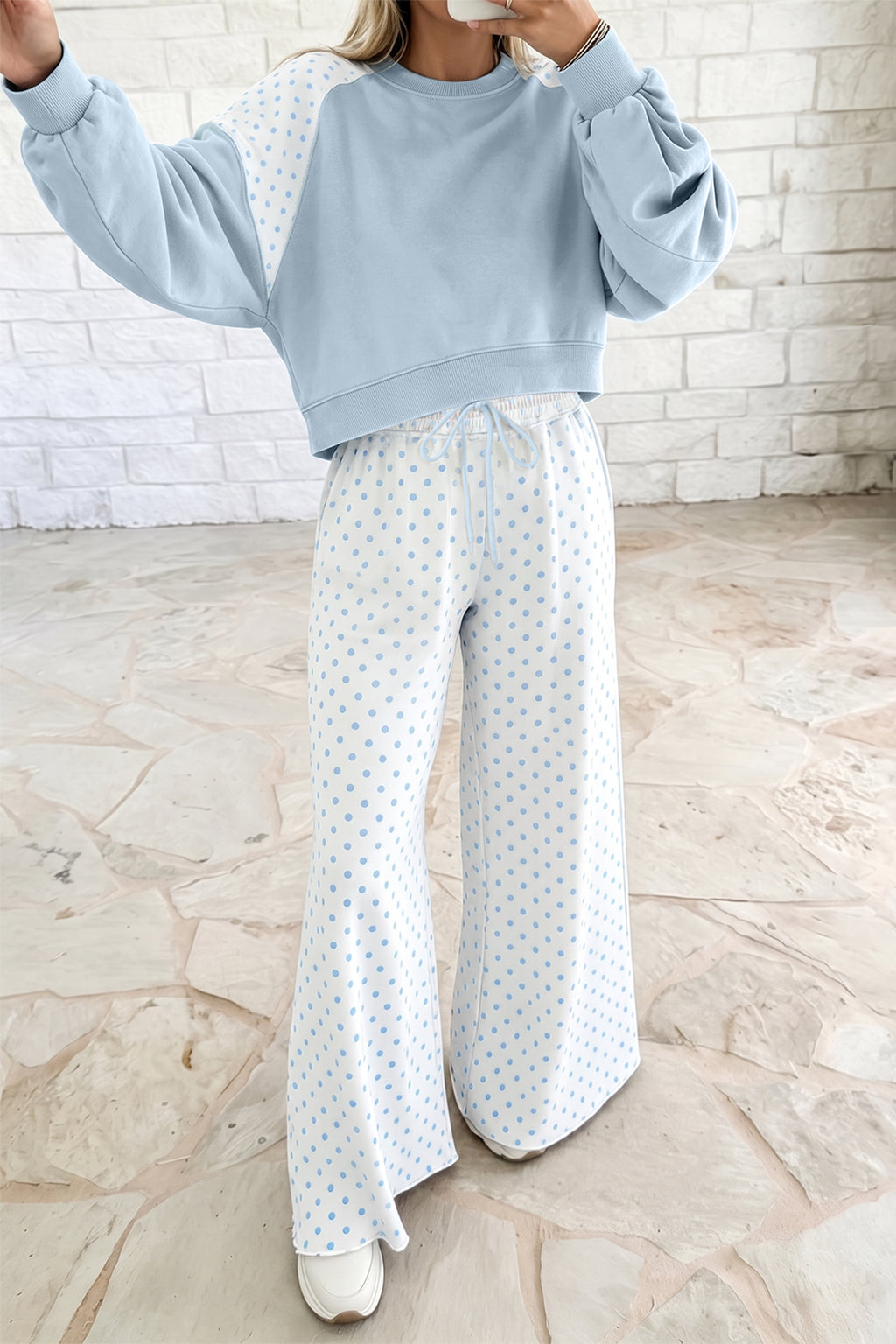Green Polka Dot Patchwork Colorblock Long Sleeve Casual Two Piece Pants Set